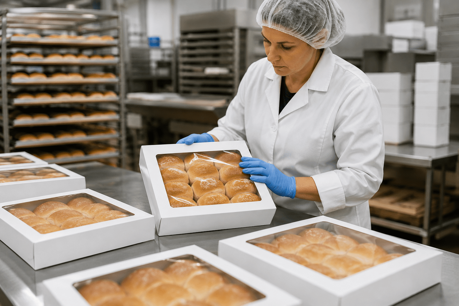 Fresh baked rolls packaged in paperboard bakery cartons during a packaging test. Packaging specialist inspecting product performance on a quality control table inside a commercial bakery. Focus on bakery packaging challenges, distribution testing, product evaluation, and operational efficiency. Realistic photography style, shallow depth of field, professional manufacturing environment, paperboard cartons only, no corrugated packaging, no text, no logos.