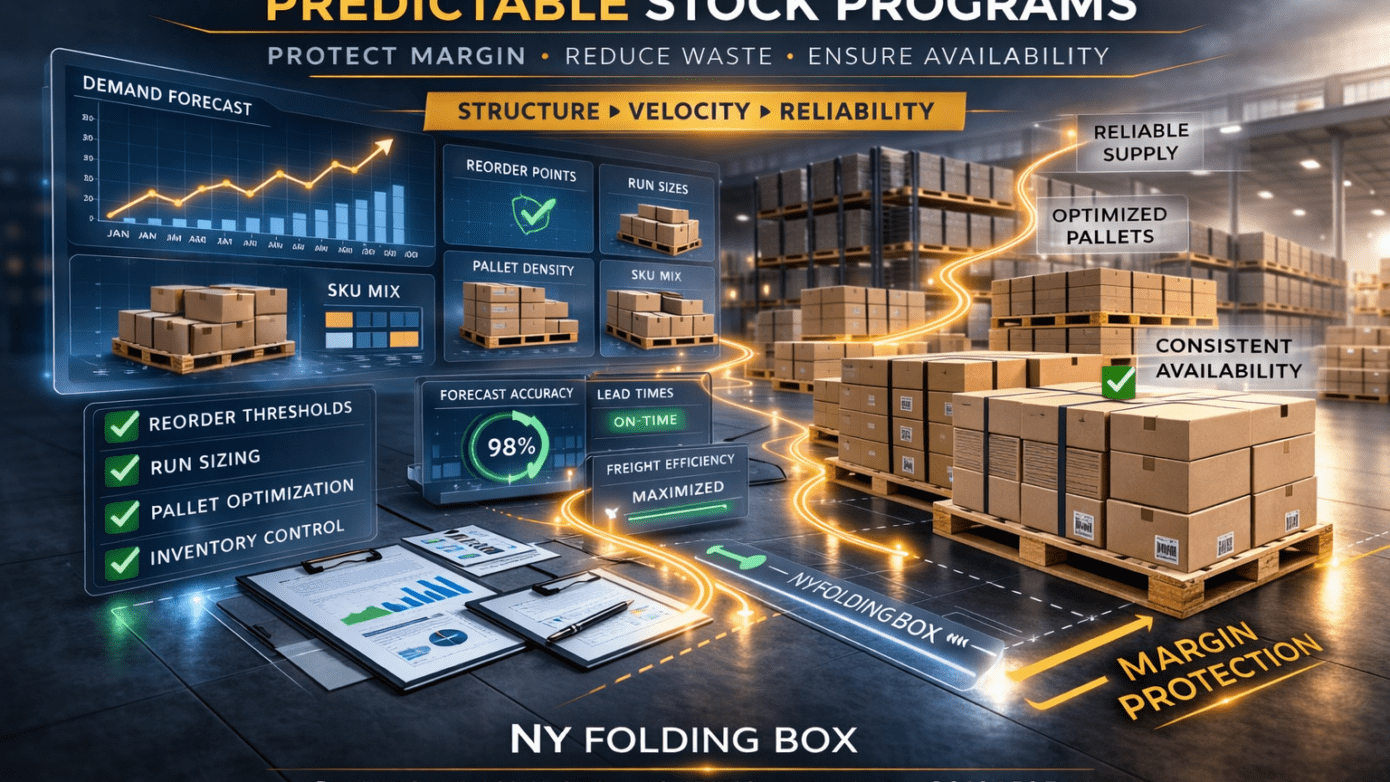 Predictable stock box program infographic showing pallet density, run sizing, and reorder forecasting in warehouse environment