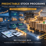 Predictable stock box program infographic showing pallet density, run sizing, and reorder forecasting in warehouse environment