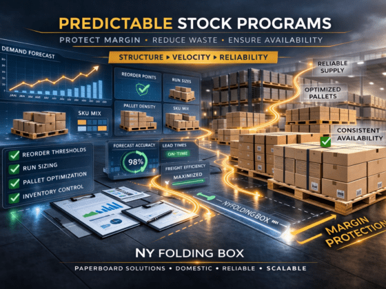 Predictable stock box program infographic showing pallet density, run sizing, and reorder forecasting in warehouse environment