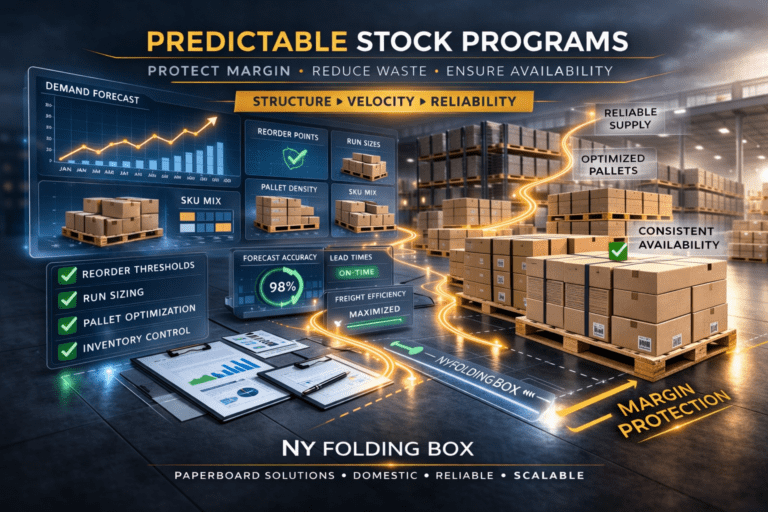 Predictable stock box program infographic showing pallet density, run sizing, and reorder forecasting in warehouse environment