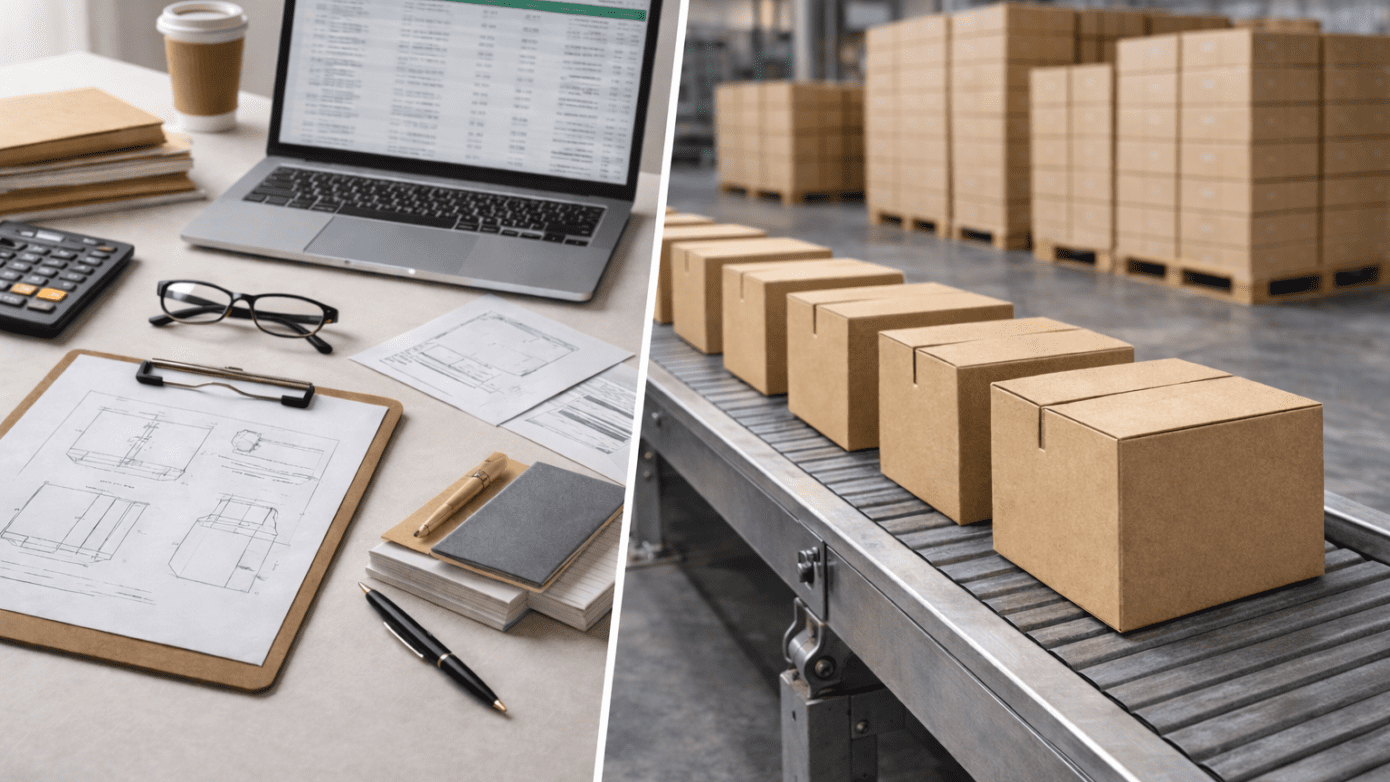 Packaging procurement mistakes illustrated by contrast between procurement planning and perfectly aligned recycled chipboard carton production