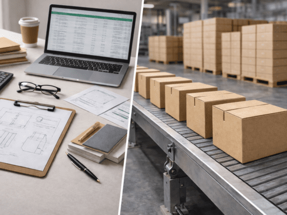 Packaging procurement mistakes illustrated by contrast between procurement planning and perfectly aligned recycled chipboard carton production