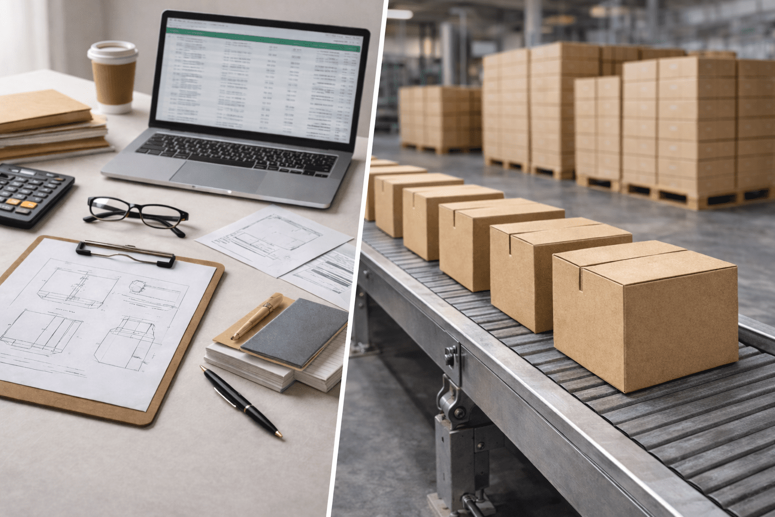 Packaging procurement mistakes illustrated by contrast between procurement planning and perfectly aligned recycled chipboard carton production