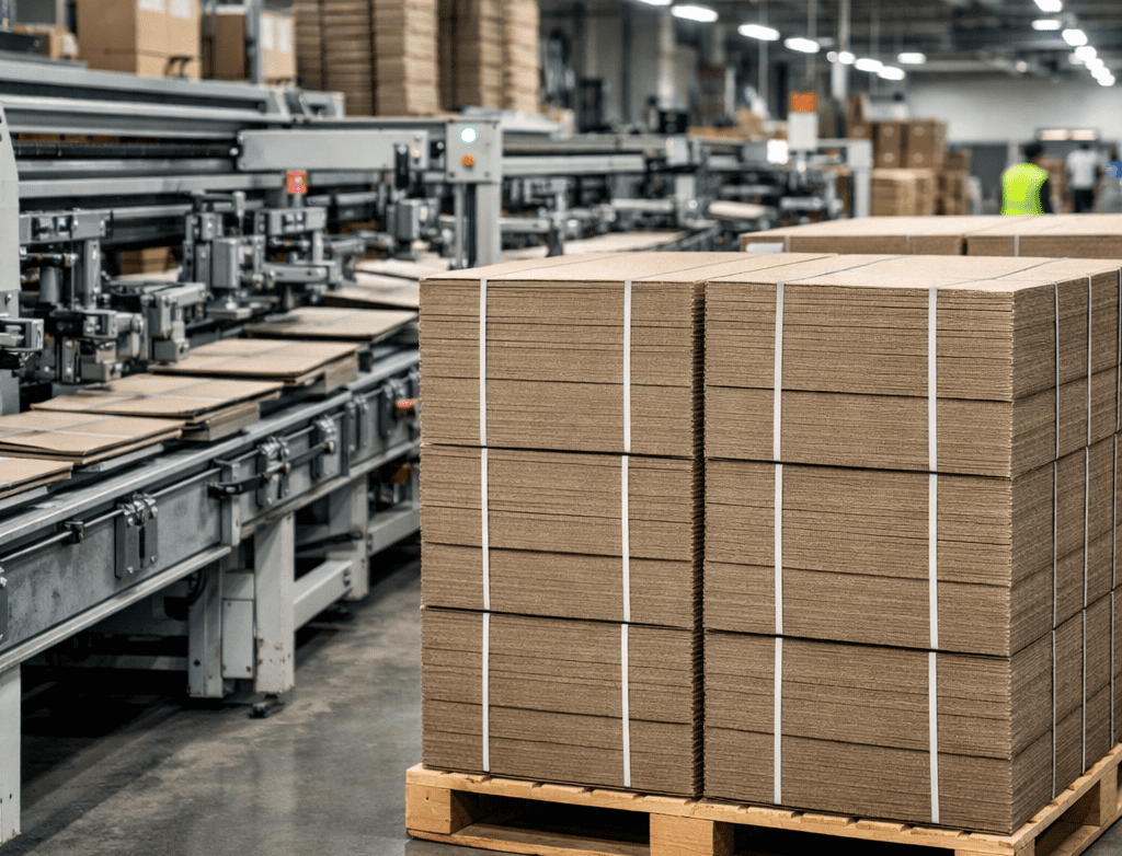 packaging supplier reliability shown through consistent recycled chipboard cartons stacked on pallets and running smoothly through a folding carton production line