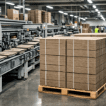 packaging supplier reliability shown through consistent recycled chipboard cartons stacked on pallets and running smoothly through a folding carton production line