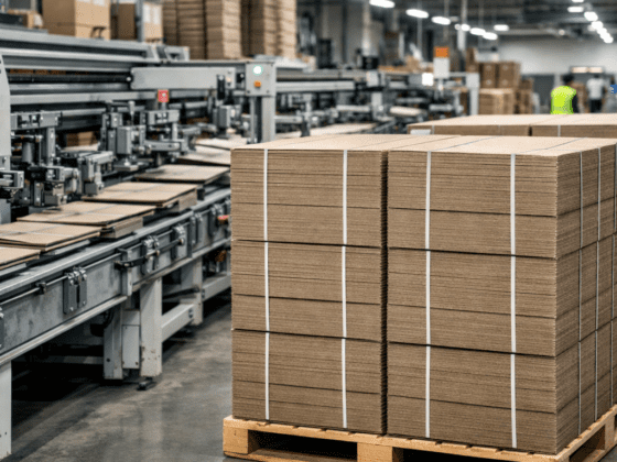 packaging supplier reliability shown through consistent recycled chipboard cartons stacked on pallets and running smoothly through a folding carton production line