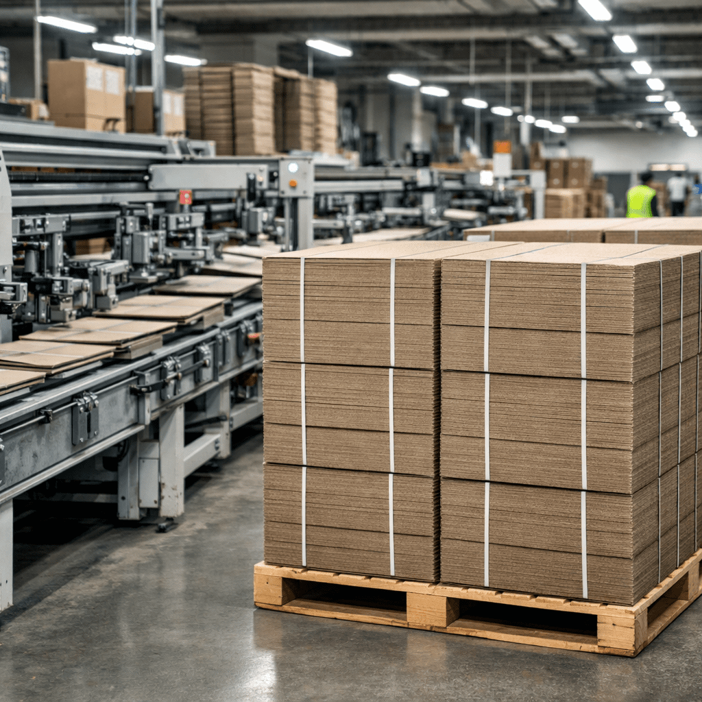 packaging supplier reliability shown through consistent recycled chipboard cartons stacked on pallets and running smoothly through a folding carton production line
