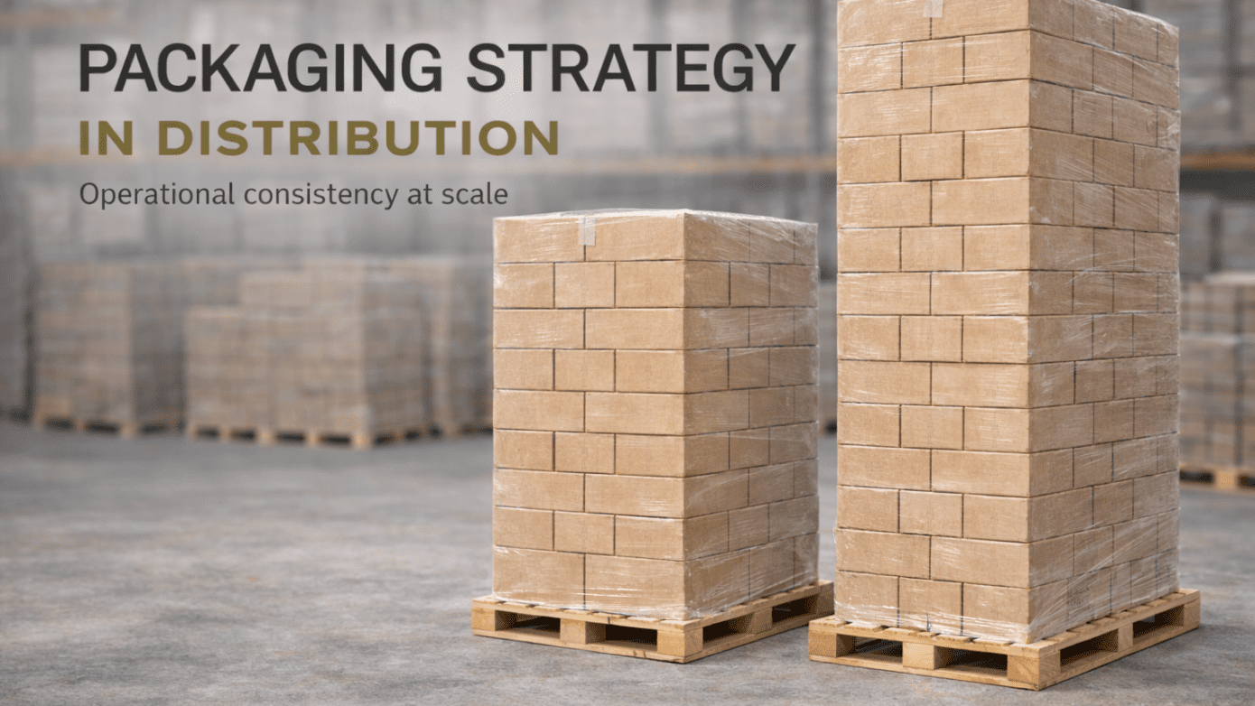 Two seven foot tall pallets stacked with warm kraft paperboard master cartons wrapped in clear stretch film inside a warehouse, ready for distribution.