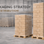 Two seven foot tall pallets stacked with warm kraft paperboard master cartons wrapped in clear stretch film inside a warehouse, ready for distribution.