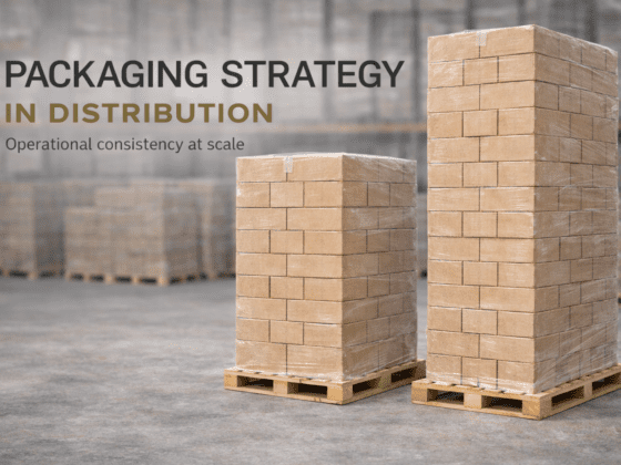 Two seven foot tall pallets stacked with warm kraft paperboard master cartons wrapped in clear stretch film inside a warehouse, ready for distribution.