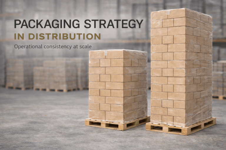 Two seven foot tall pallets stacked with warm kraft paperboard master cartons wrapped in clear stretch film inside a warehouse, ready for distribution.