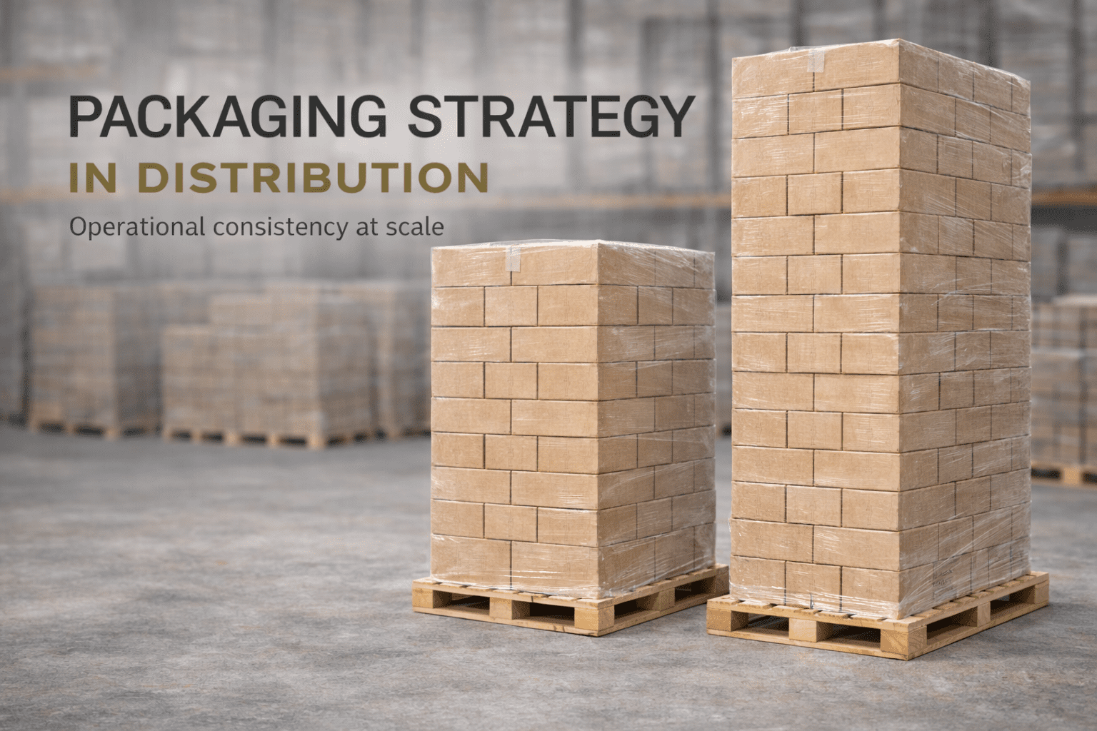 Two seven foot tall pallets stacked with warm kraft paperboard master cartons wrapped in clear stretch film inside a warehouse, ready for distribution.