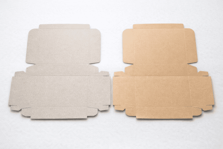 Recycled chipboard folding carton blank compared with kraft paperboard blank used in foodservice packaging